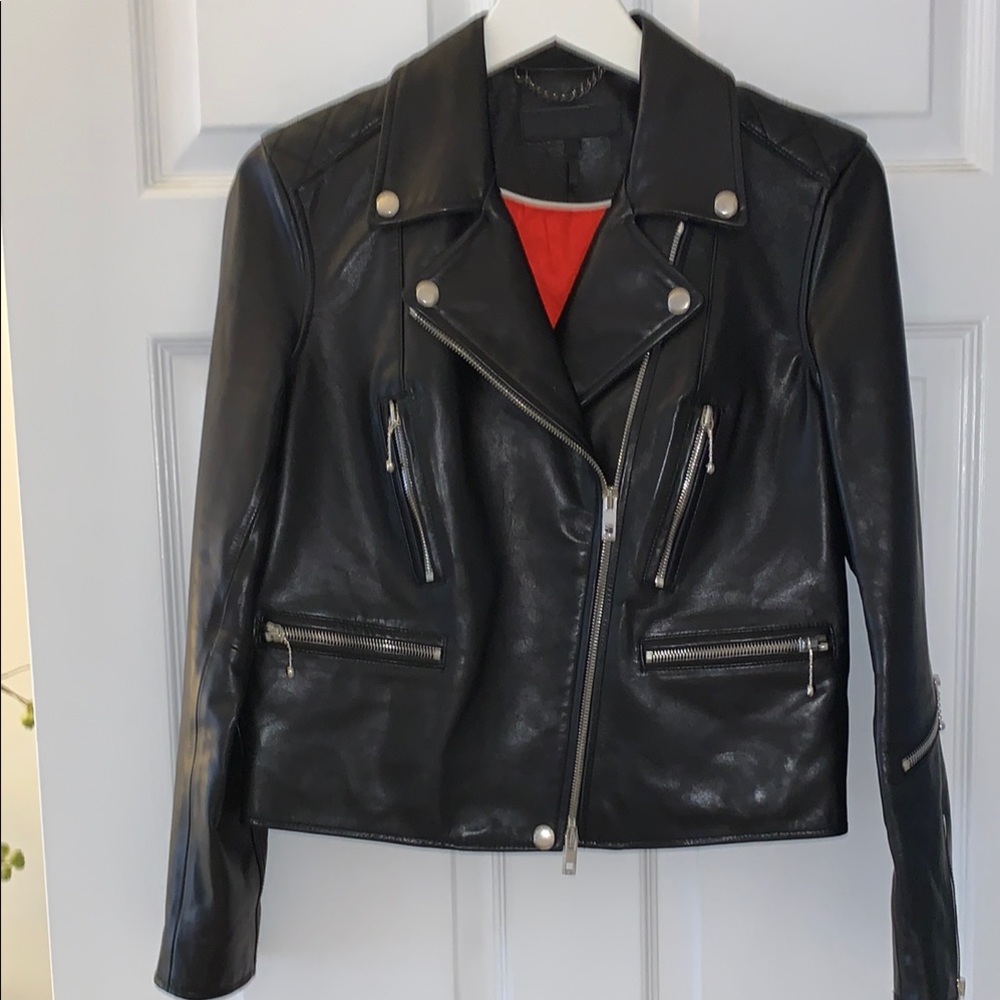 rag & bone Black Leather Moto Jacket with Silver Accents